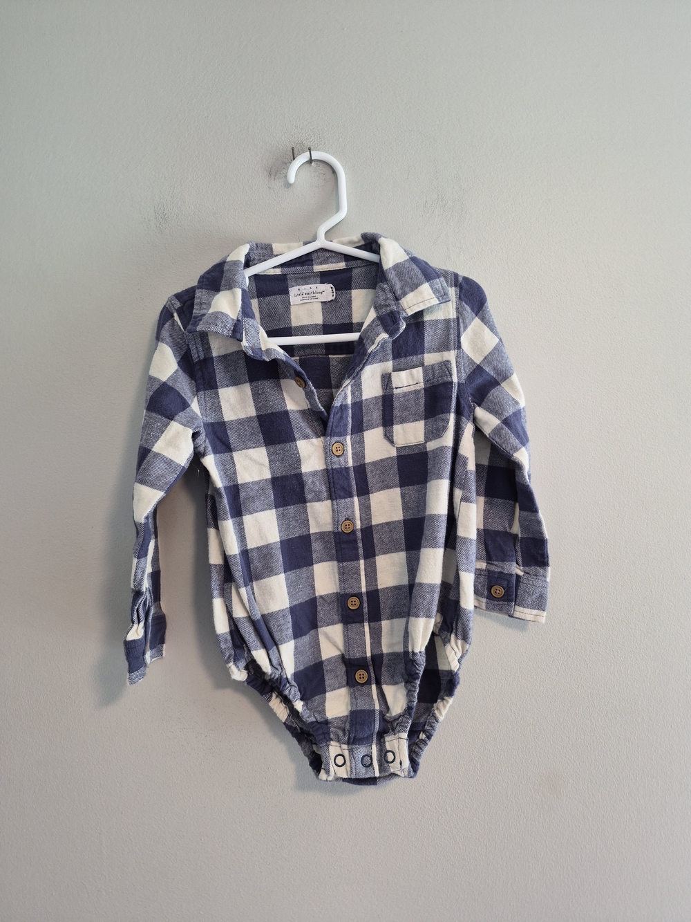 Rise Little Earthling 18/24m Blue & White Gingham Button-Down Long Sleeve Onesie